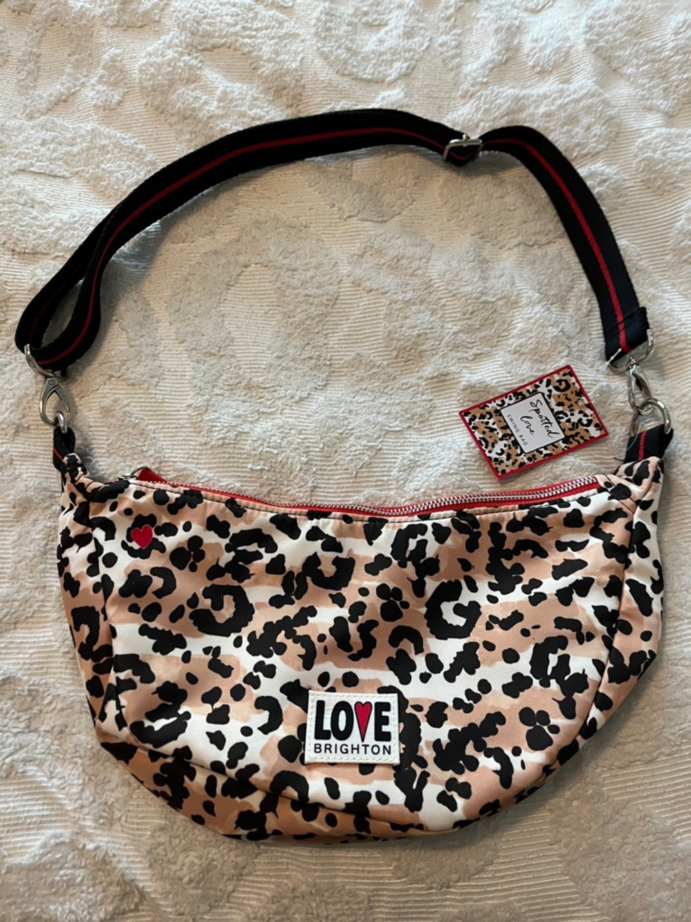 Brighton Love Leopard Print Crossbody in Beige, Black & Red Accents